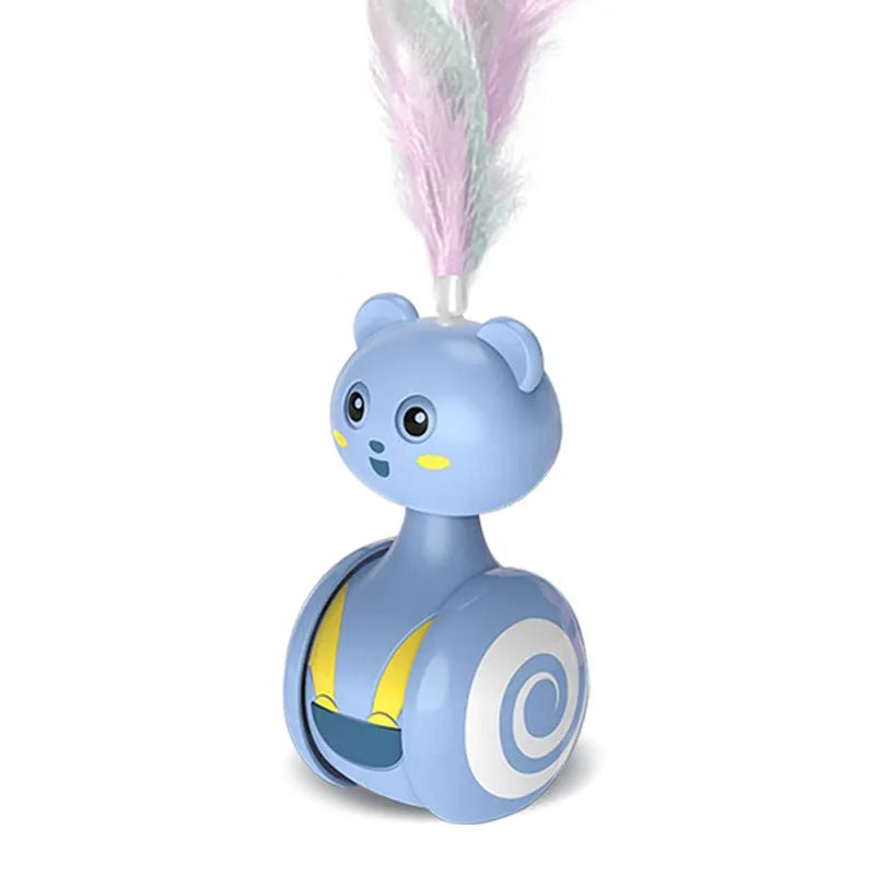 Rotating cat toy with feather wand attachment in pink colour showing tumbler mechanism