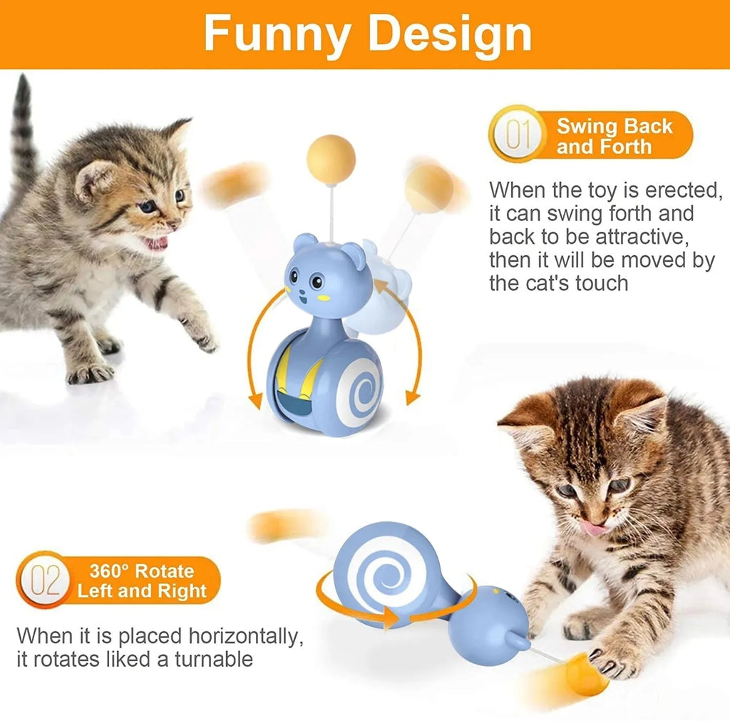 Rotating cat toy with feather wand attachment in pink colour showing tumbler mechanism