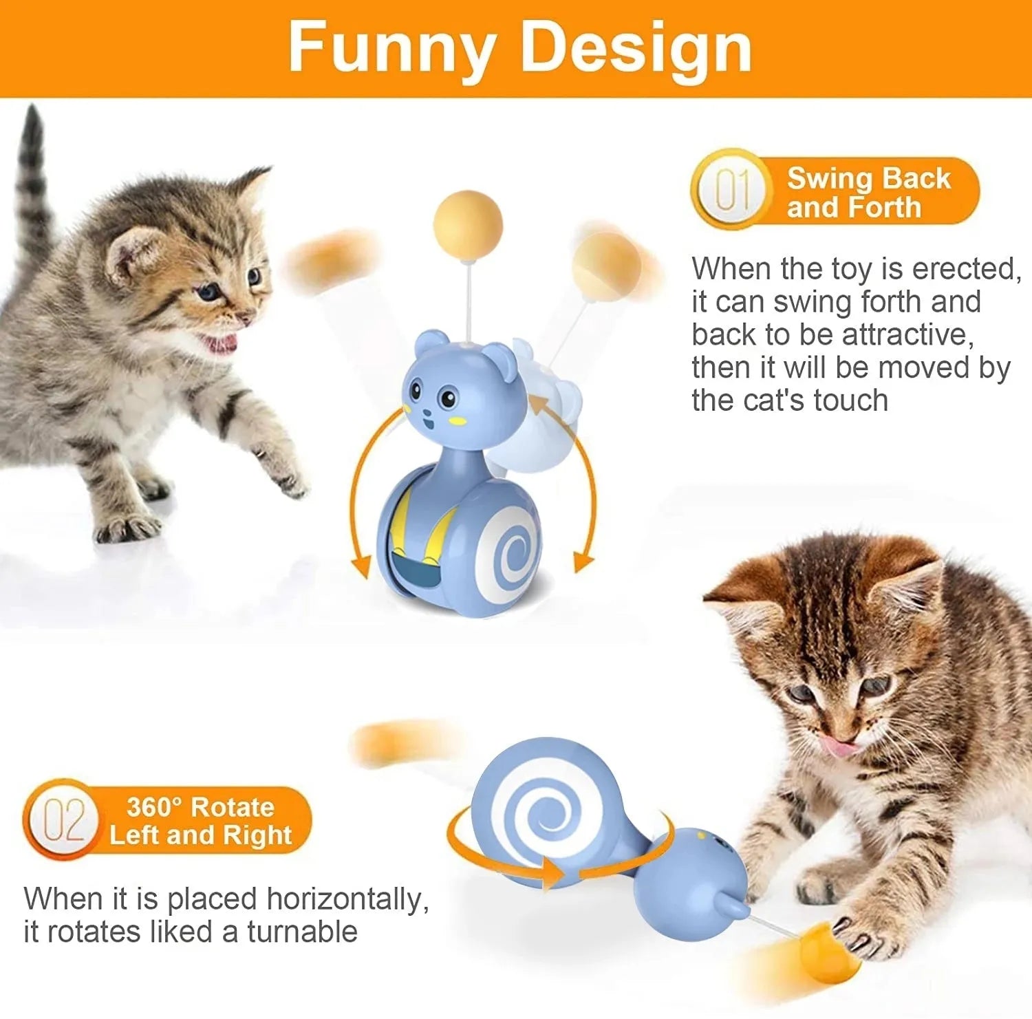 Rotating cat toy with feather wand attachment in pink colour showing tumbler mechanism