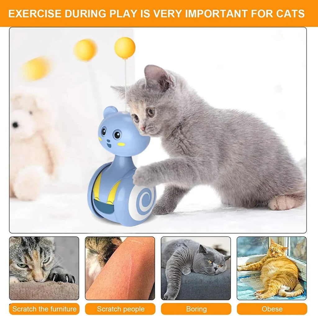 Rotating cat toy with feather wand attachment in pink colour showing tumbler mechanism