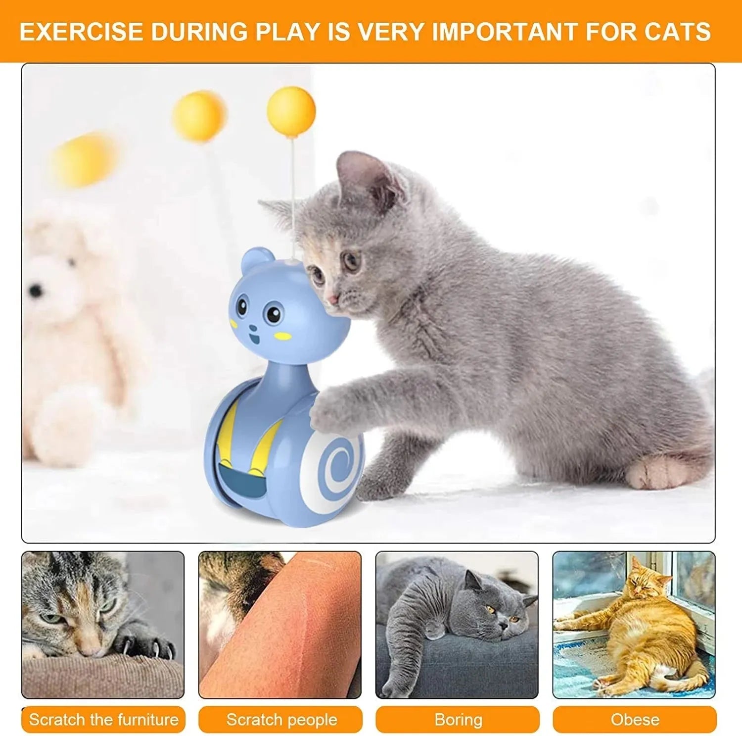 Rotating cat toy with feather wand attachment in pink colour showing tumbler mechanism