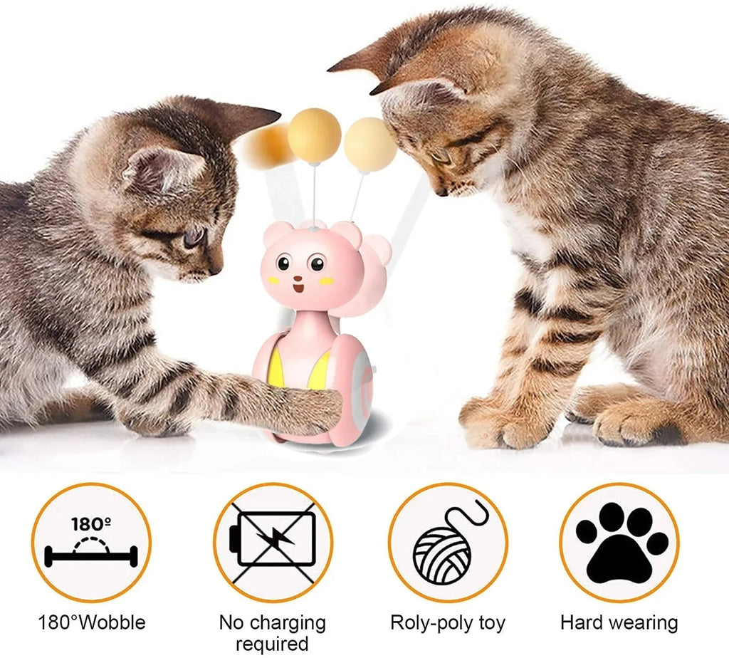 Rotating cat toy with feather wand attachment in pink colour showing tumbler mechanism