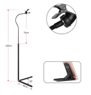 Black bedside phone holder with universal mobile phone bracket and adjustable overhead support shelf positioned next to bed
