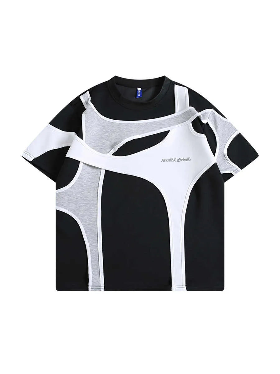 Men's black cotton t-shirt with double-layer stitching and padded shoulder short sleeve strap in loose fit