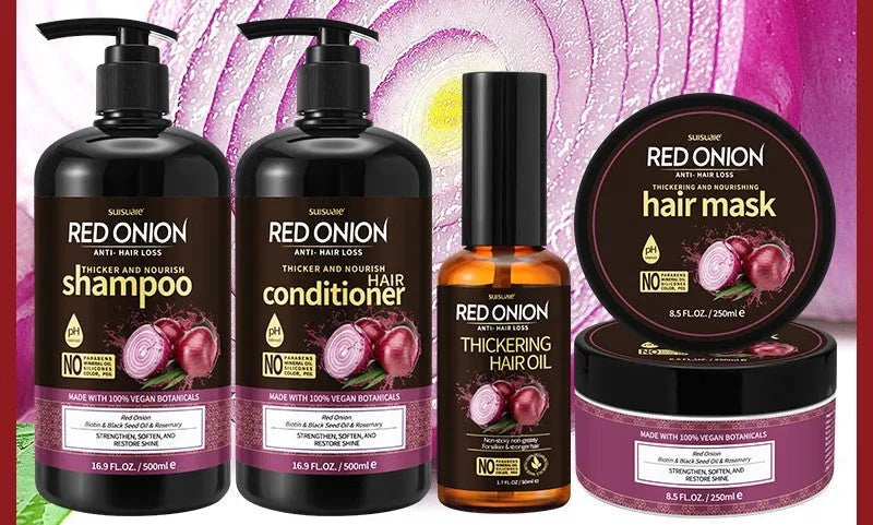 Four-piece red onion shampoo conditioner set with 500ml bottles, 250ml hair mask and 50ml essential oil
