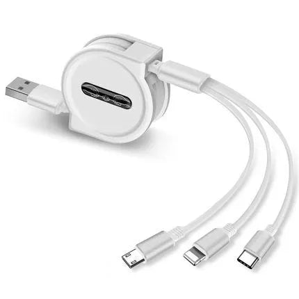 Telescopic charging cable extended to 120cm with 3-in-1 connectors in choice of colours