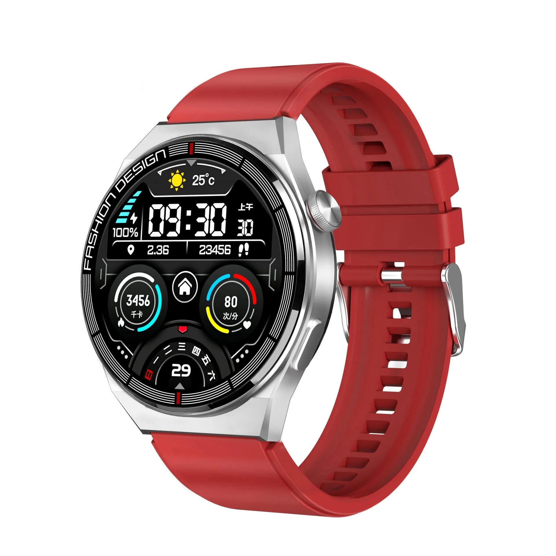 Black smartwatch with 1.28 inch screen showing heart rate and step count data on a silicone strap
