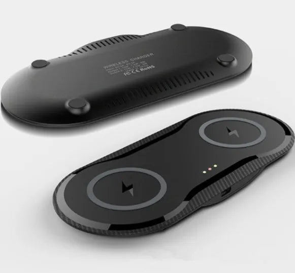 Black and white dual wireless charger charging two phones simultaneously with type-C cable