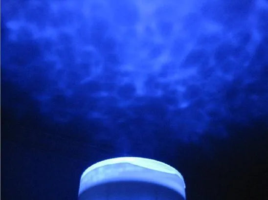 Blue LED ocean lamp projection light projecting water effects on a wall with DLP correction