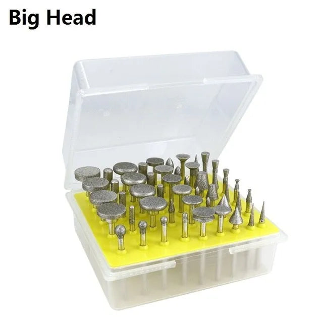 Alloy diamond grinding head set with elliptical cone shape and 3mm shank for glass, jade, and stone work.