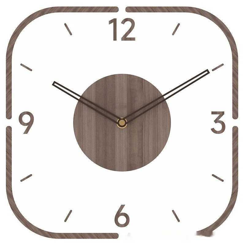 Transparent wooden frame wall clock showing modern design with 35cm square dimensions