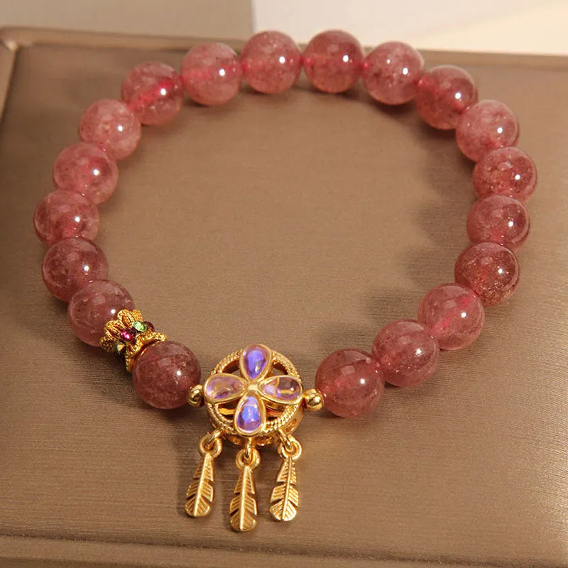 Strawberry quartz bracelet with four leaf clover dream catcher ball pendant crystal jewellery for women