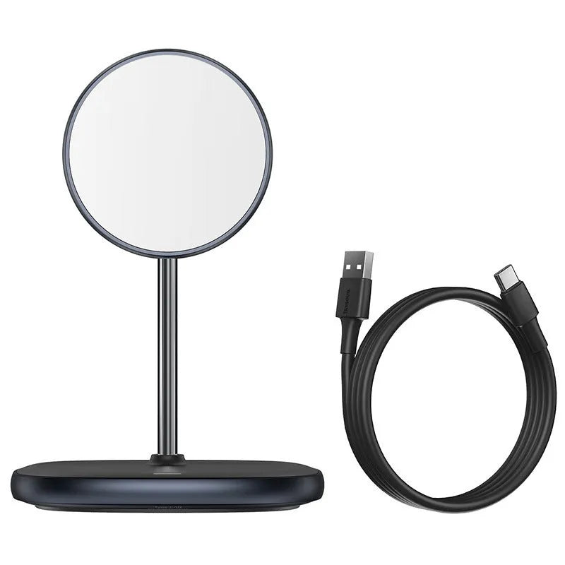 Swan Magnetic Desktop Stand Wireless Charger for Apple iPhone 12 in black colour on a desk