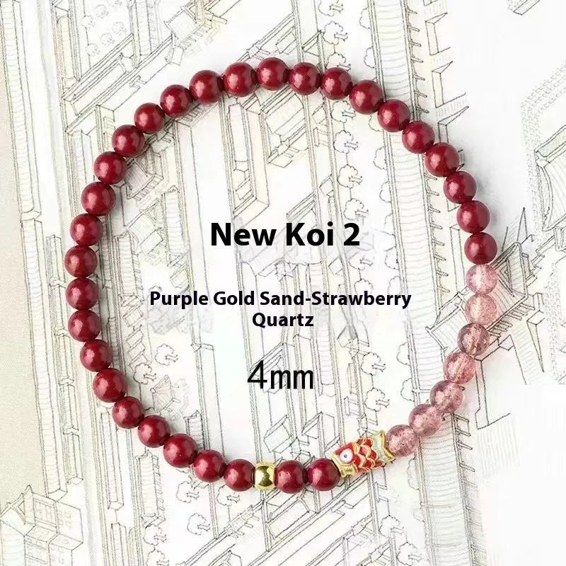 Purple cinnabar and strawberry quartz bracelet with koi and peach blossom motifs for women