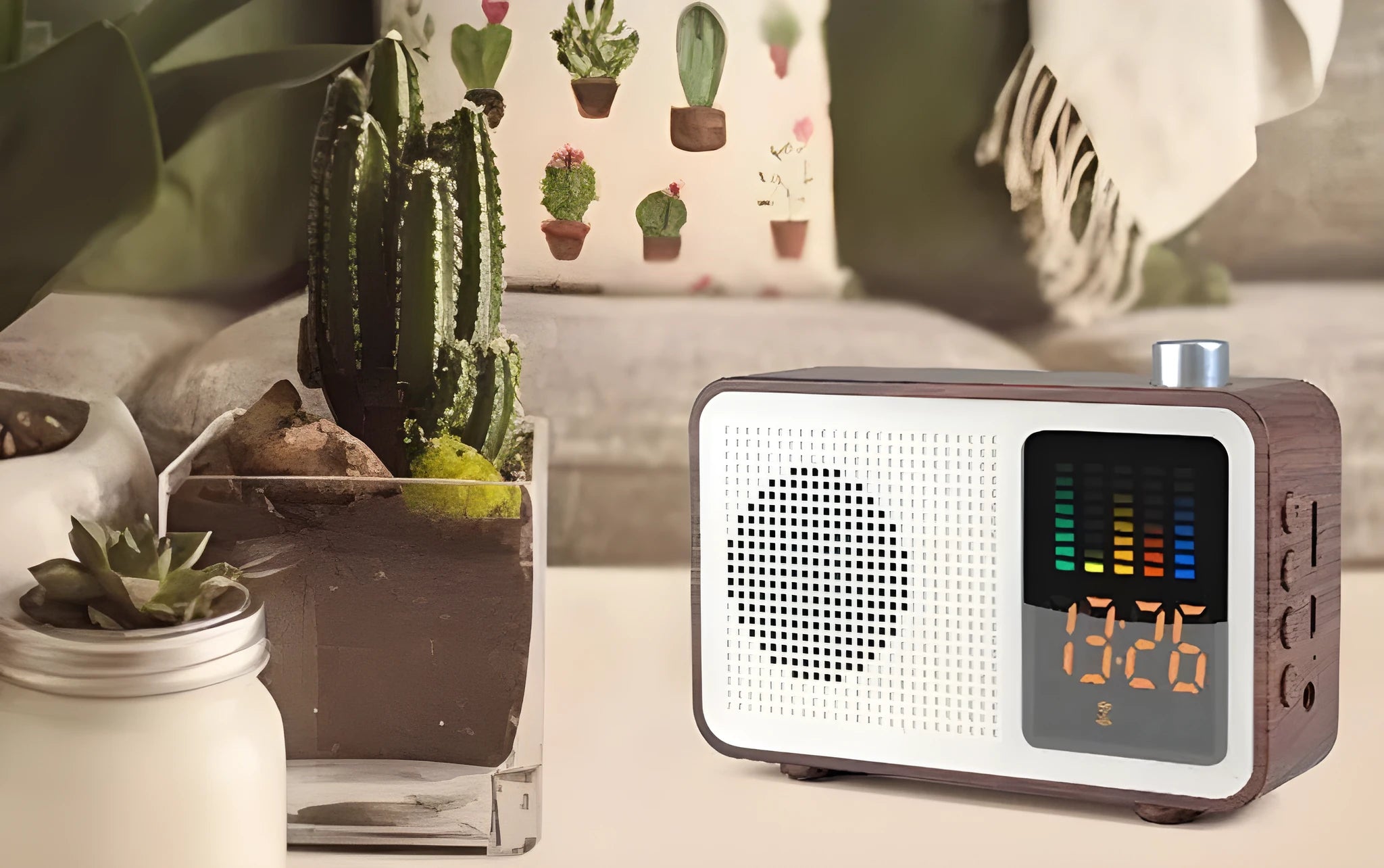 Brown retro Bluetooth speaker with vintage radio design and control knobs