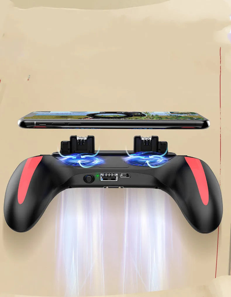 H10 mobile phone game cooling controller with touch screen, shown attached to a smartphone.