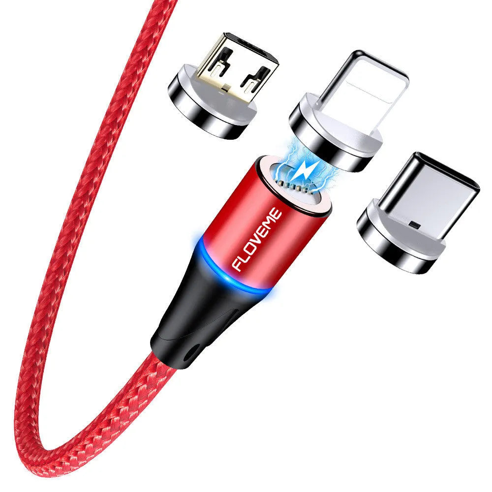 Black magnetic data cable with LED light showing iPhone and Android compatibility