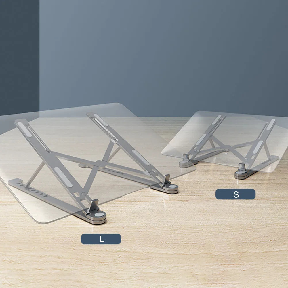 Silver foldable aluminium laptop stand holding a MacBook at an angle, shown next to a backpack.