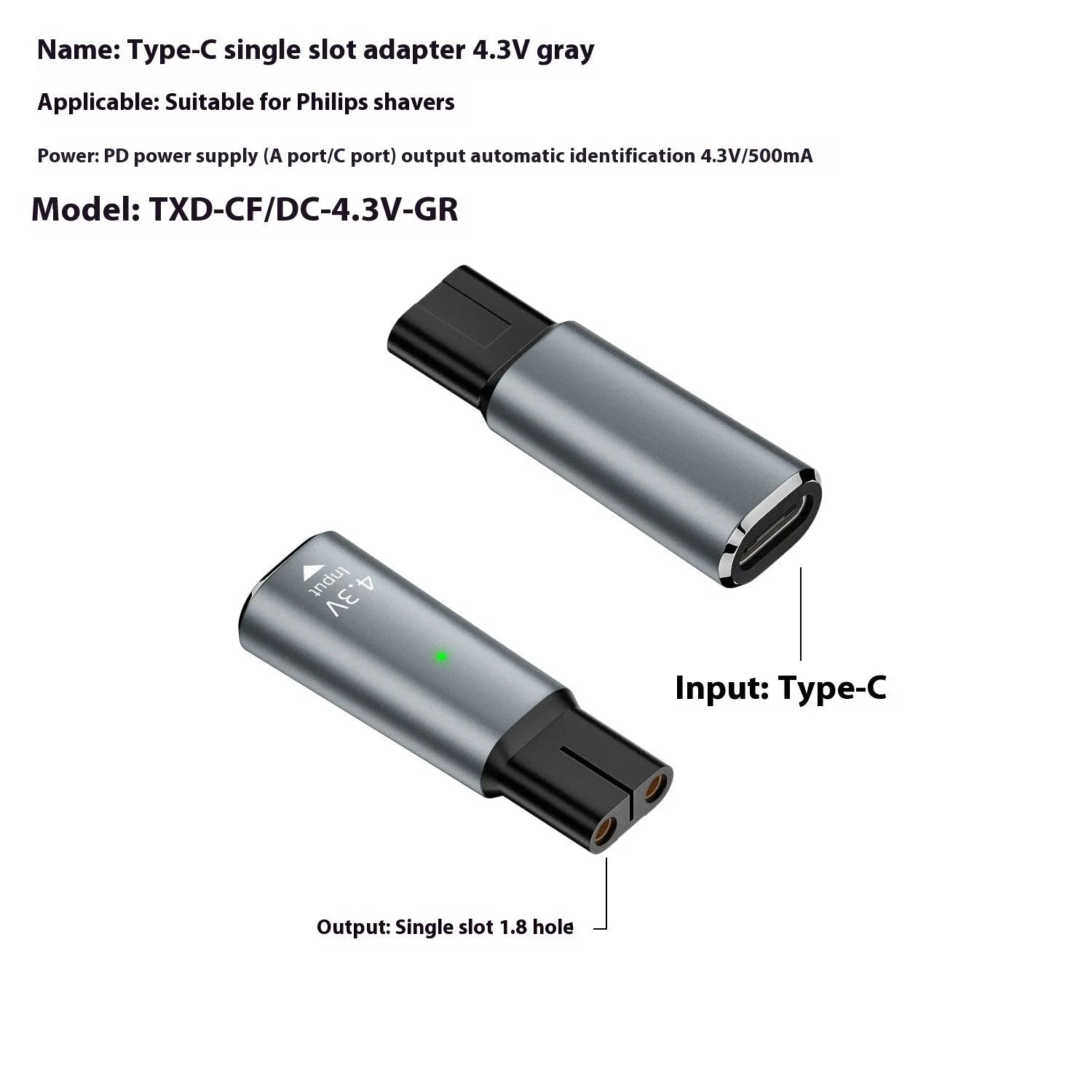 USB-C to 4.3V charging adapter for electric shavers in black or grey aluminium housing