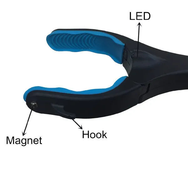 Blue foldable golf ball retriever with extended aluminium shaft and TPR grabber head.