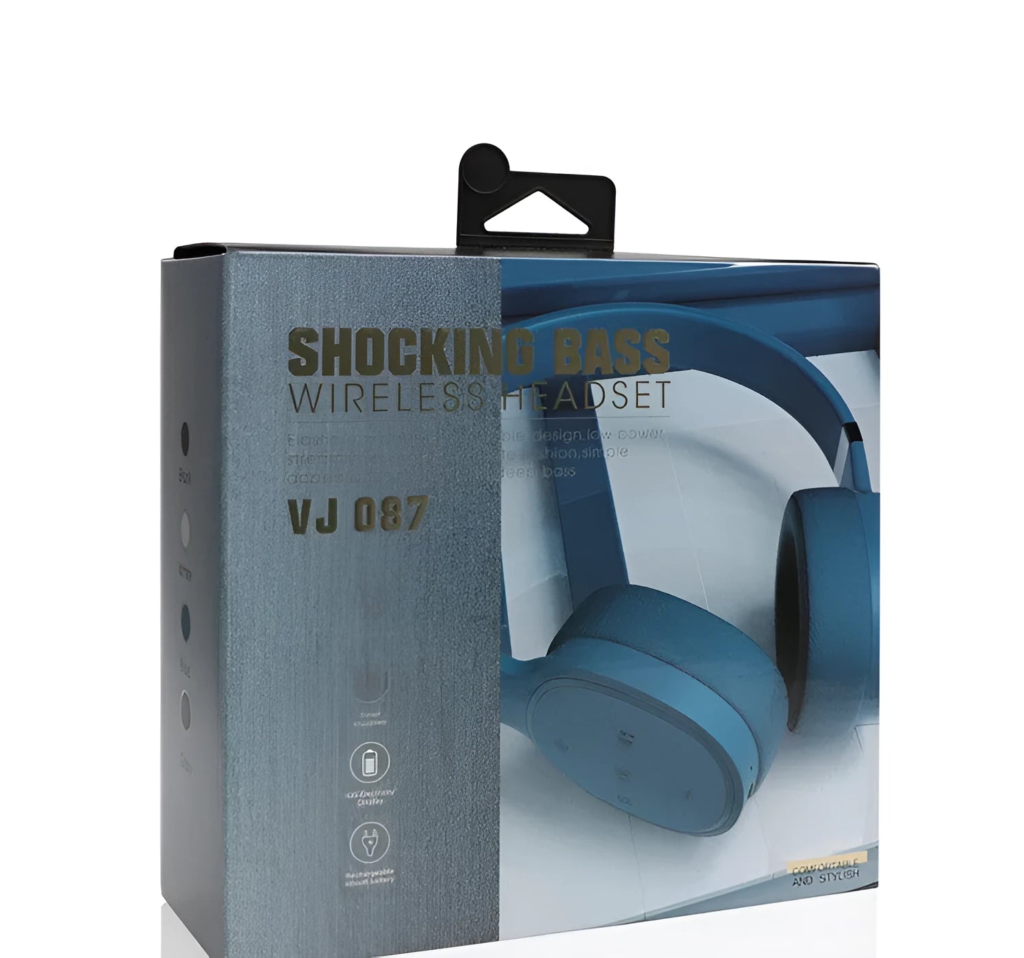 Wireless Bluetooth over-ear headset in black, shown with its packaging box.