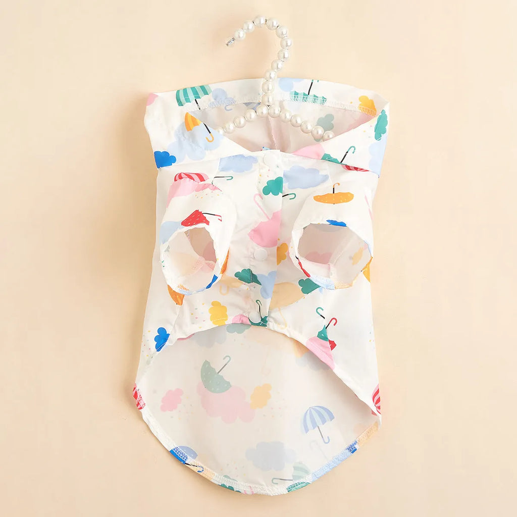 Colourful cartoon umbrella pattern dog raincoat in polyester with adjustable belly strap