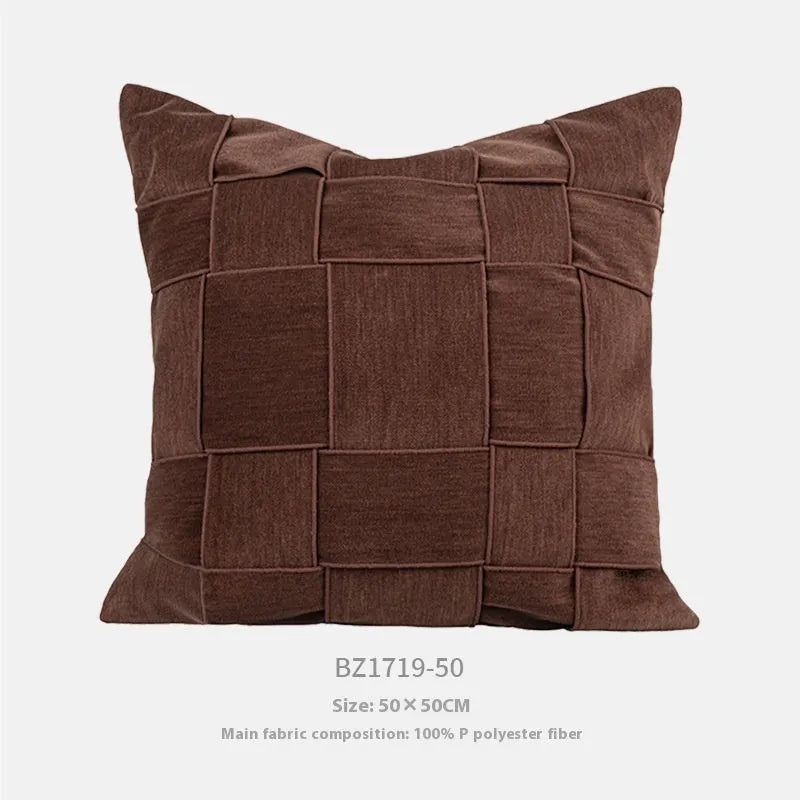 Square chenille woven sofa cushion in beige colour with textured surface and feather velvet core