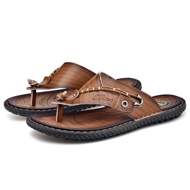 Men's non-slip slippers in light brown with a PU leather upper and textured rubber outsole.