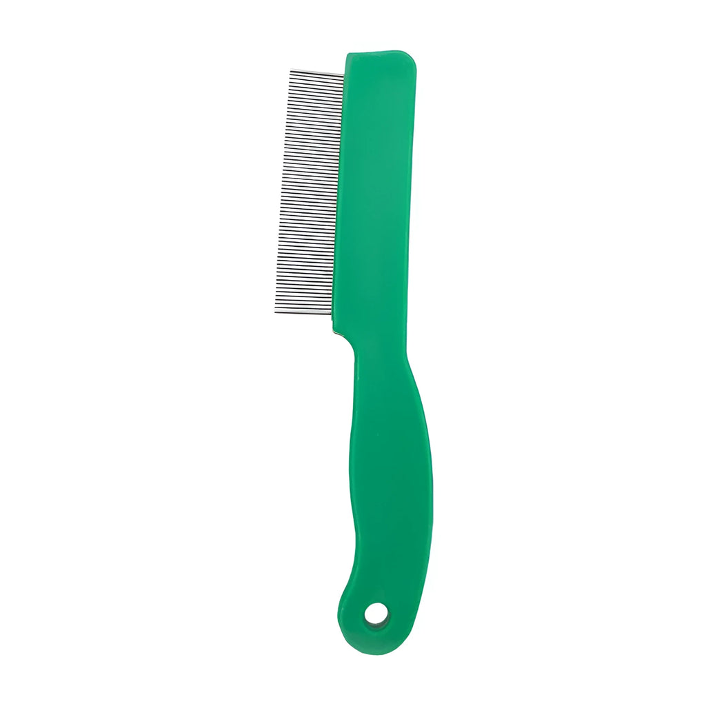 Green pet flea comb with stainless steel pins on plastic handle for dog and cat grooming