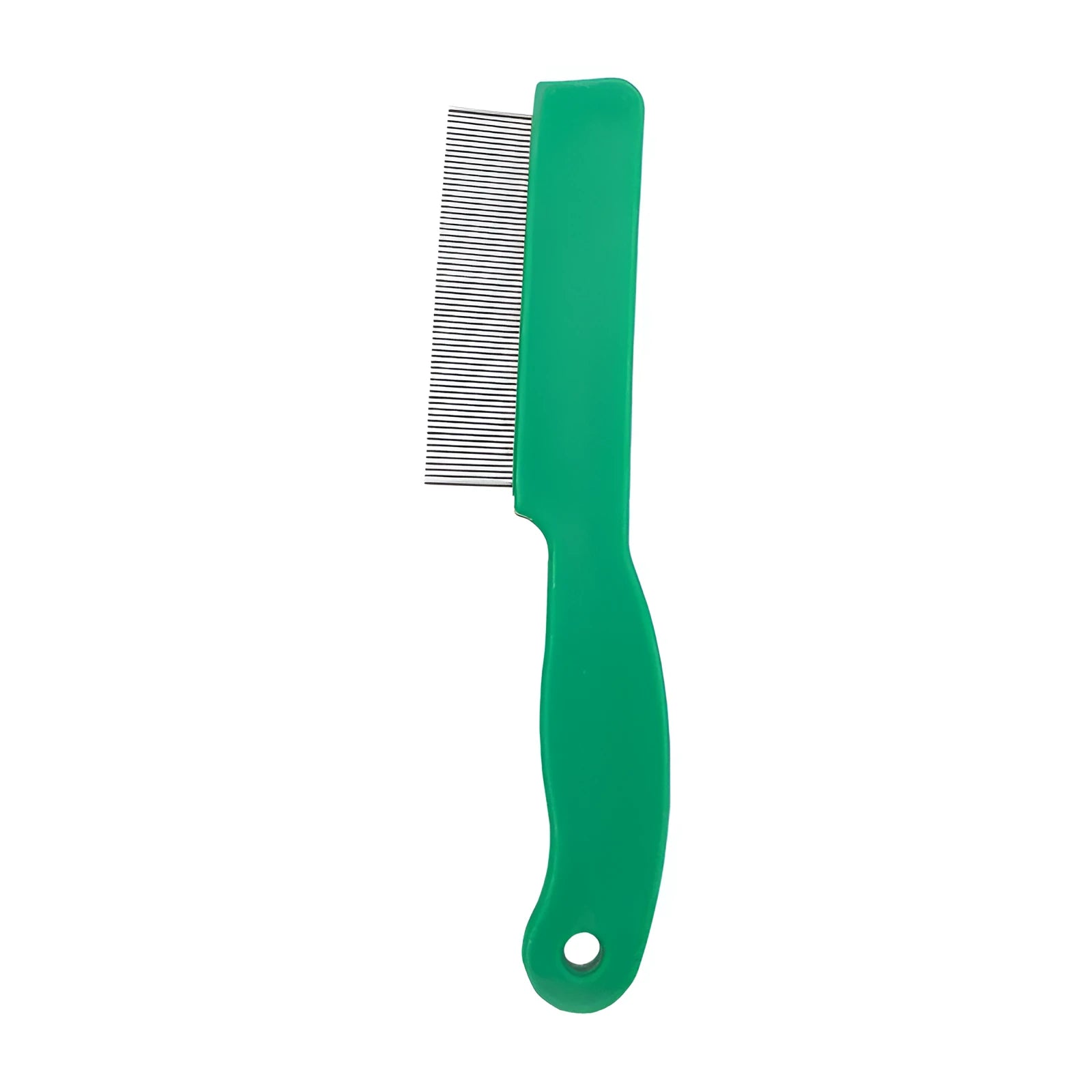 Green pet flea comb with stainless steel pins on plastic handle for dog and cat grooming