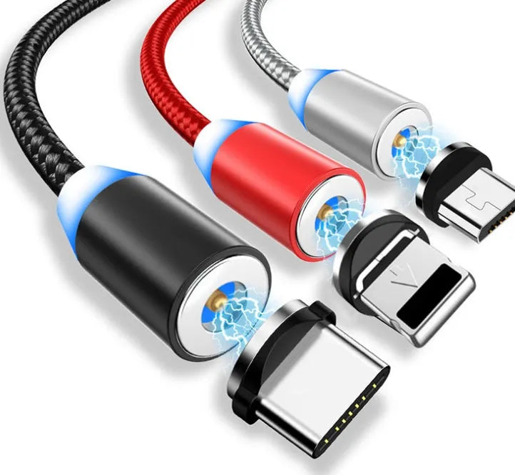 YBD black and red braided magnetic charging cable with Lightning, Micro USB, and Type-C connectors on a table.