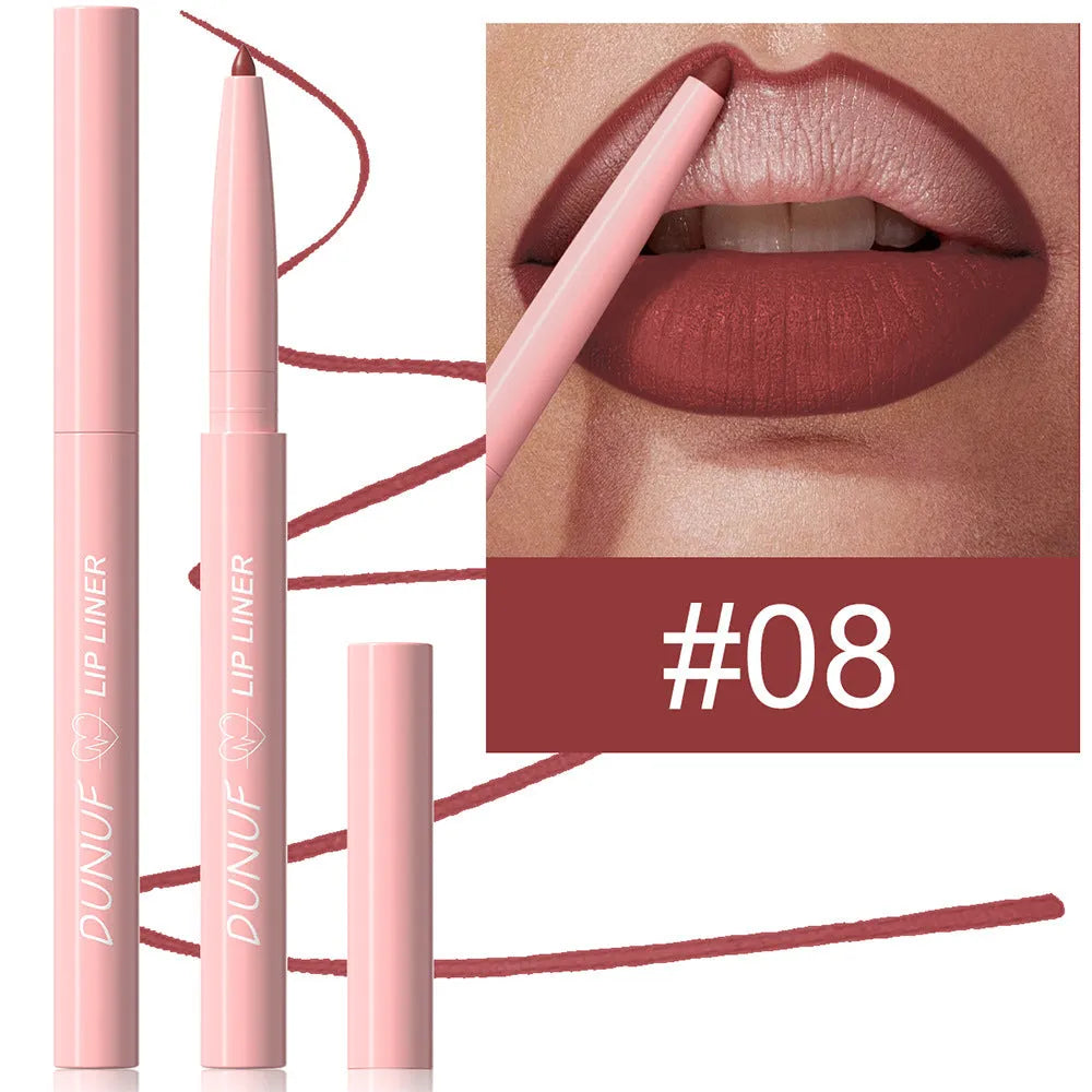 12 Colour Velvet Matte Lip Liner pencil showing range of nude, berry and brown shades.