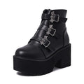 Black women's platform ankle boots with bat buckle Gothic detailing and side zipper