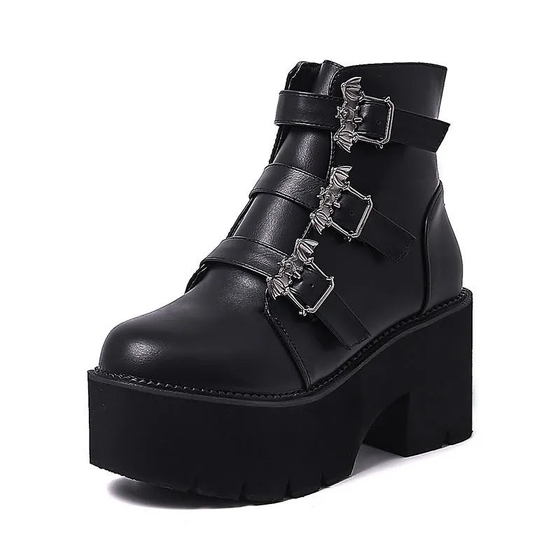 Black women's platform ankle boots with bat buckle Gothic detailing and side zipper