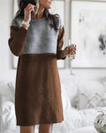 Brown women's long sleeve patchwork sweater dress with a round neck and loose fit.