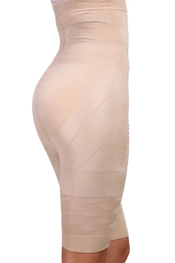 Black high-waisted seamless shapewear shorts for women laid flat.
