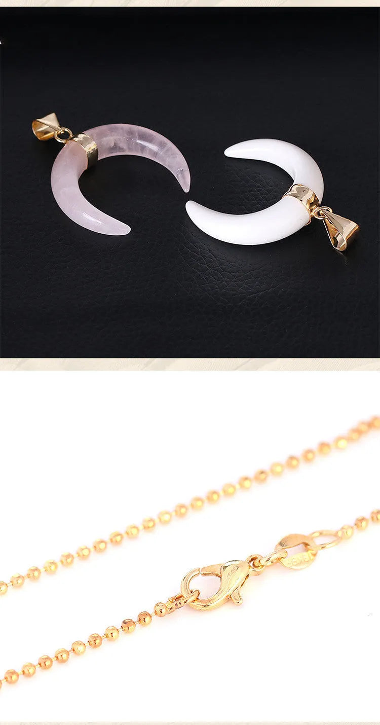 Natural stone moon pendant necklace with copper chain in pink or purple colour options