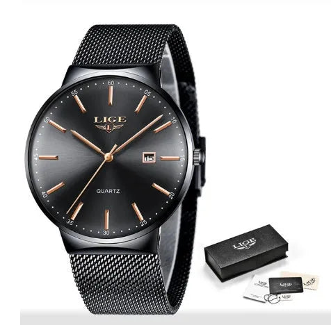 Men's stainless steel wristwatch with 40mm dial, shown in black, blue, and black blue colour options