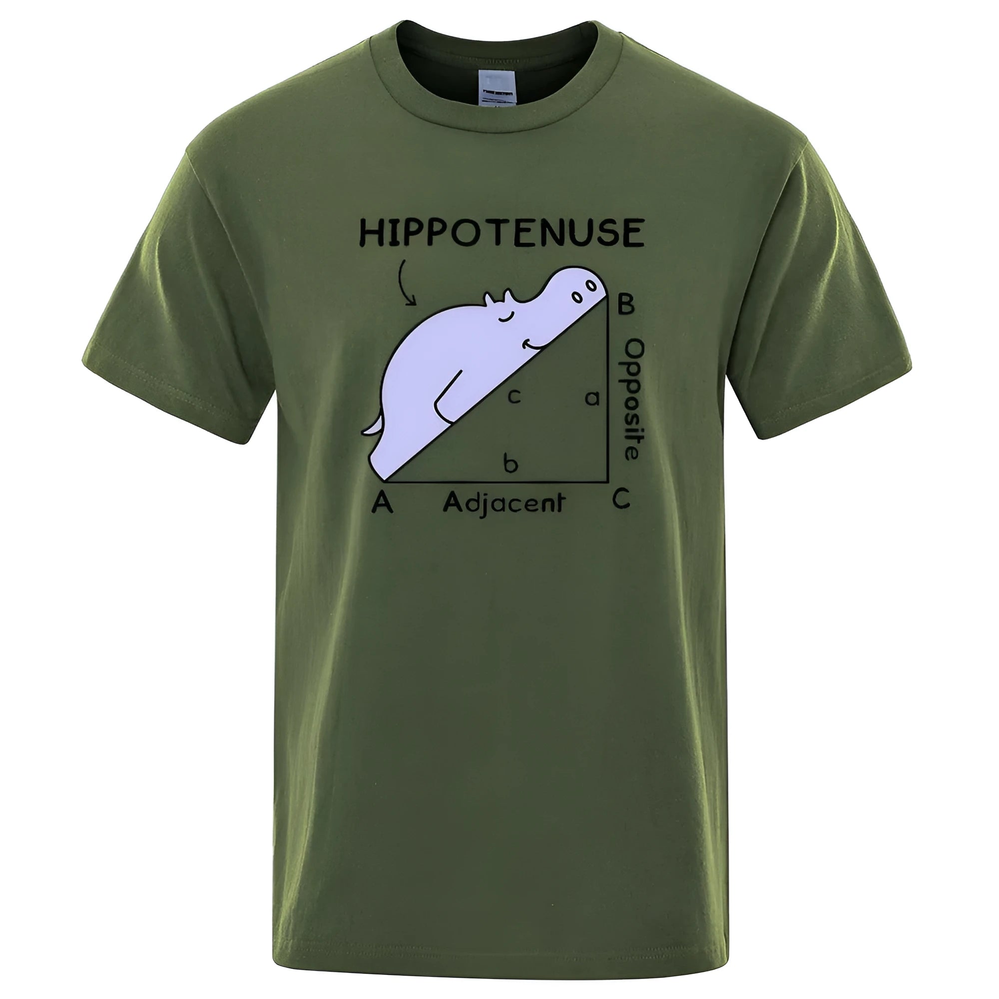 Men's loose fit cotton t-shirt with hippotenuse opposite adjacent math joke print in grey.