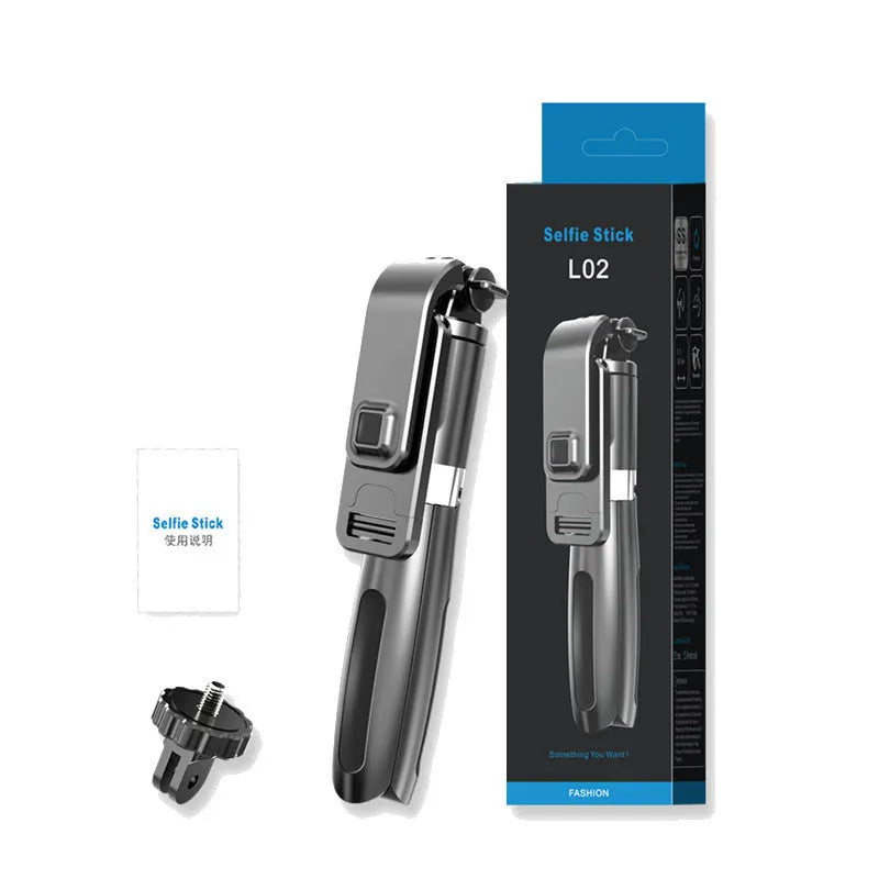 Black Bluetooth selfie stick with wireless remote extended to maximum length with smartphone attached