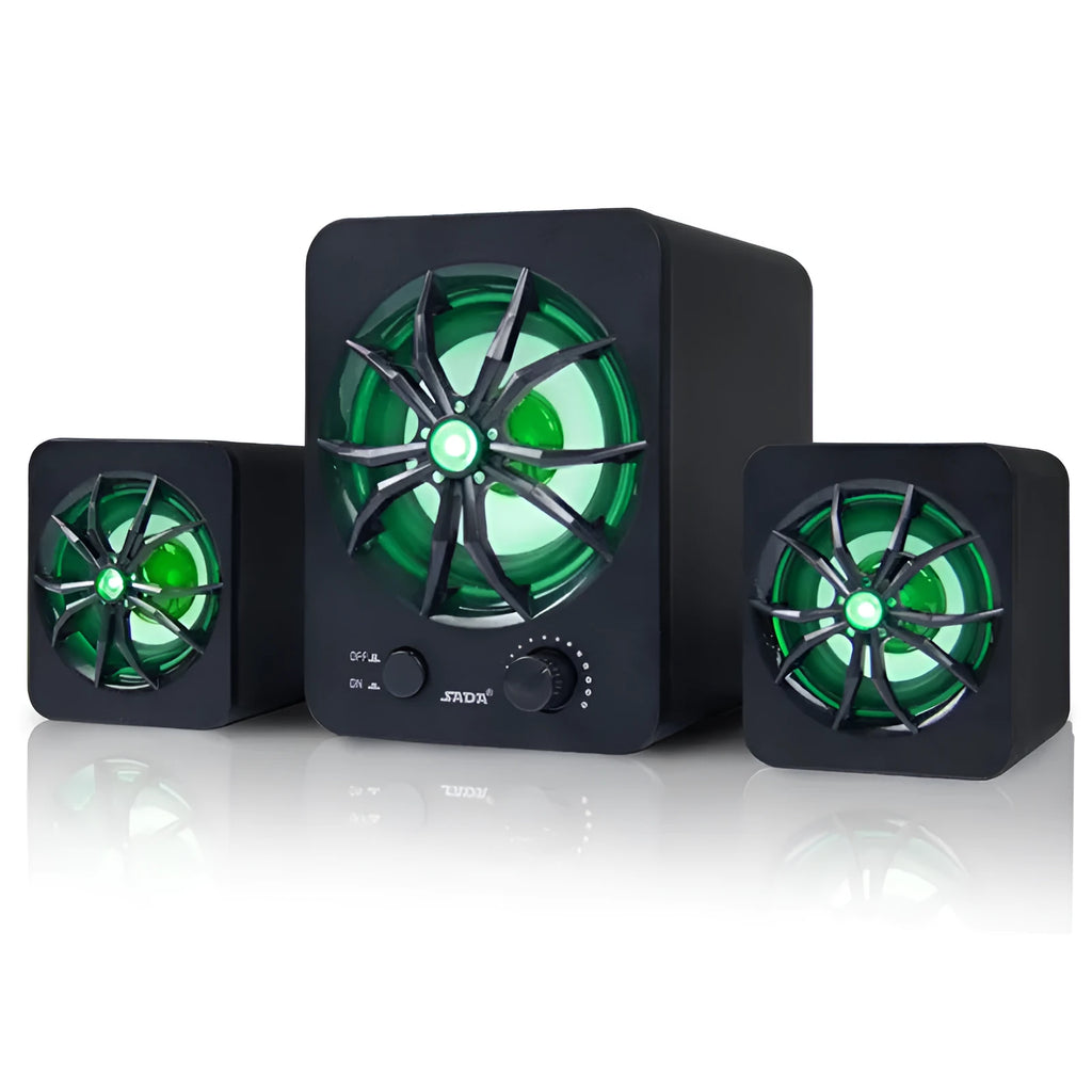 Green USB 2.1 computer speaker with colourful lighting and 150 cm cable for portable audio