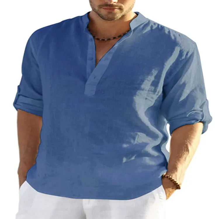 Men's solid colour long sleeve shirt with a stand collar, shown in a light blue shade