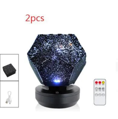 LED starry sky projector night lamp showing constellation projection on a bedroom ceiling.