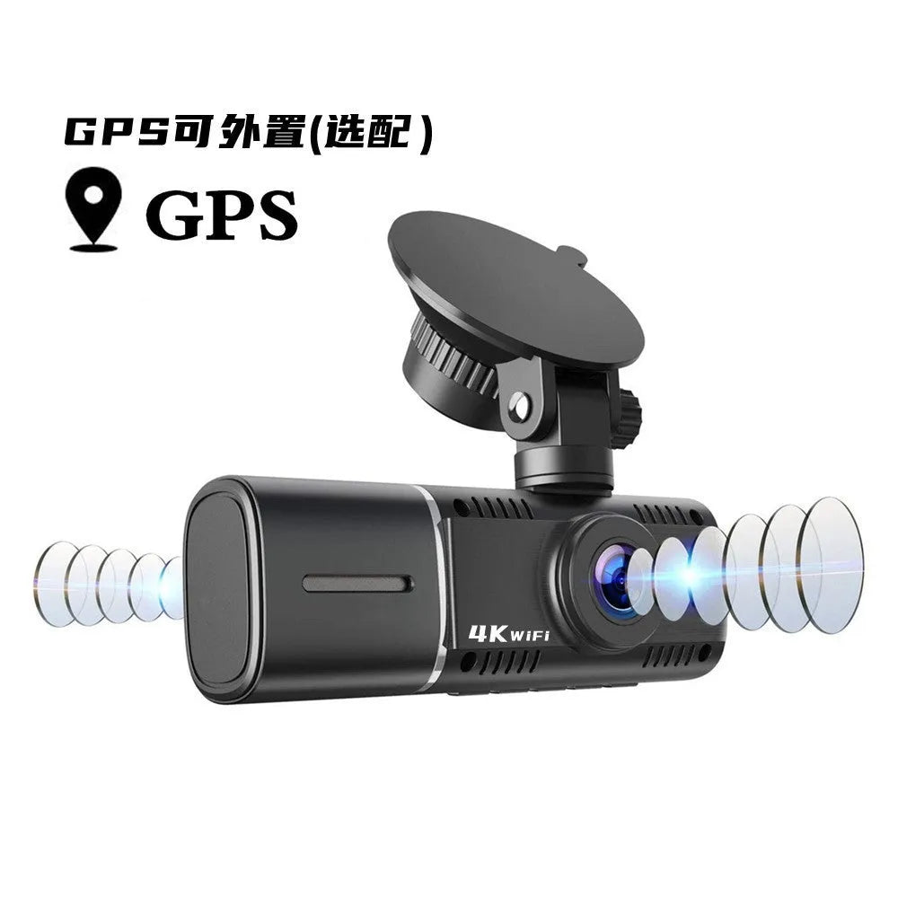 Black dashboard camera for car with 1.5-inch screen, shown with car charger and mounting stand.