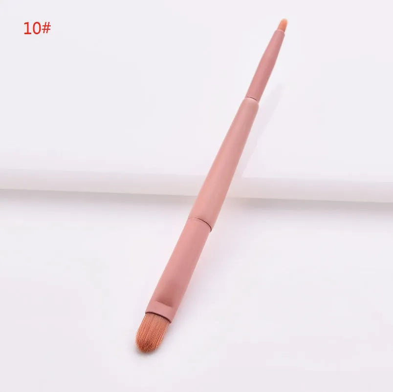 Ten-piece wooden handle makeup brush set with nylon bristles including powder, foundation, and double-ended brushes