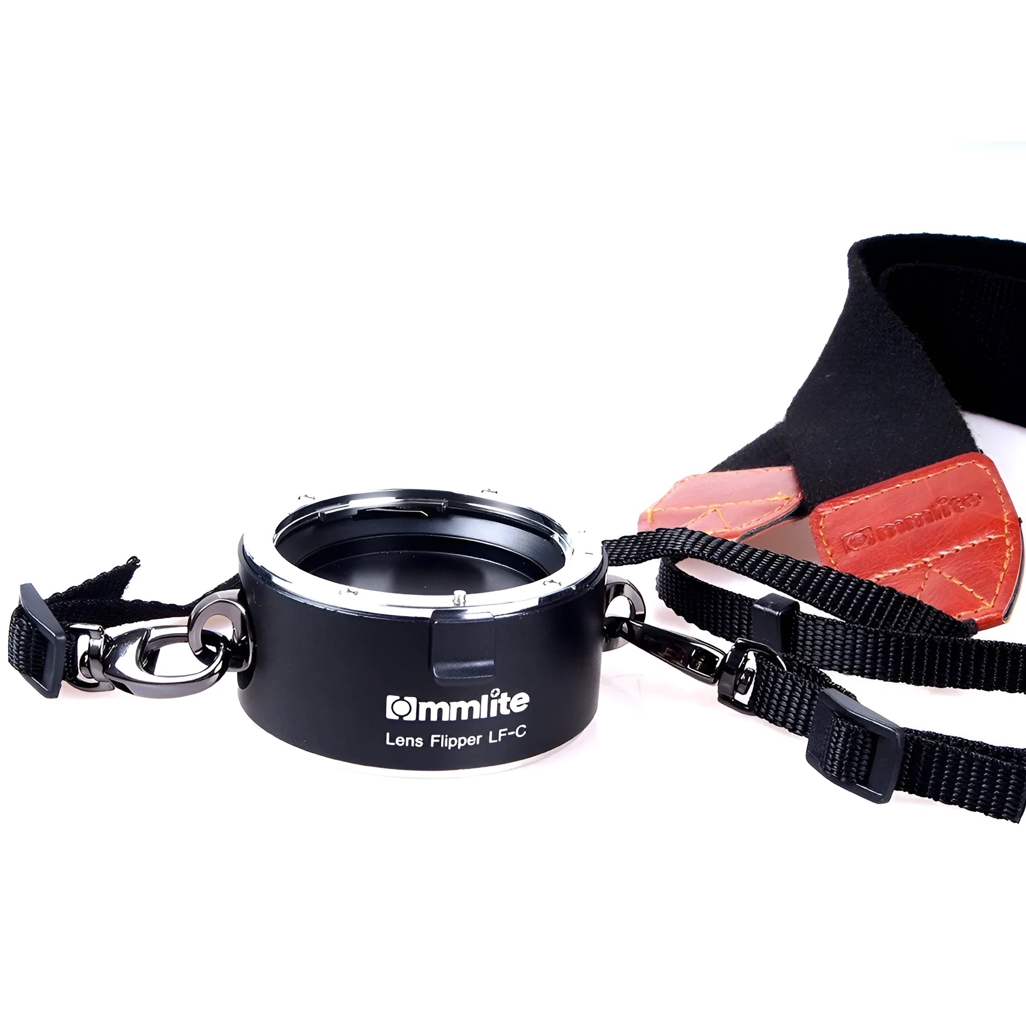 Camera lens flipper dual holder with stainless steel buckle on aluminium body and cotton shoulder strap