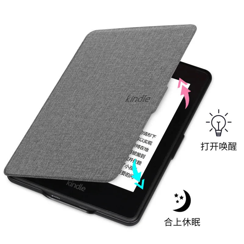 Linen leather style plastic protective case for Kindle Paperwhite with magnetic closure.