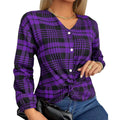 Women's purple plaid polyester shirt with loose casual cut and regular sleeves on hanger
