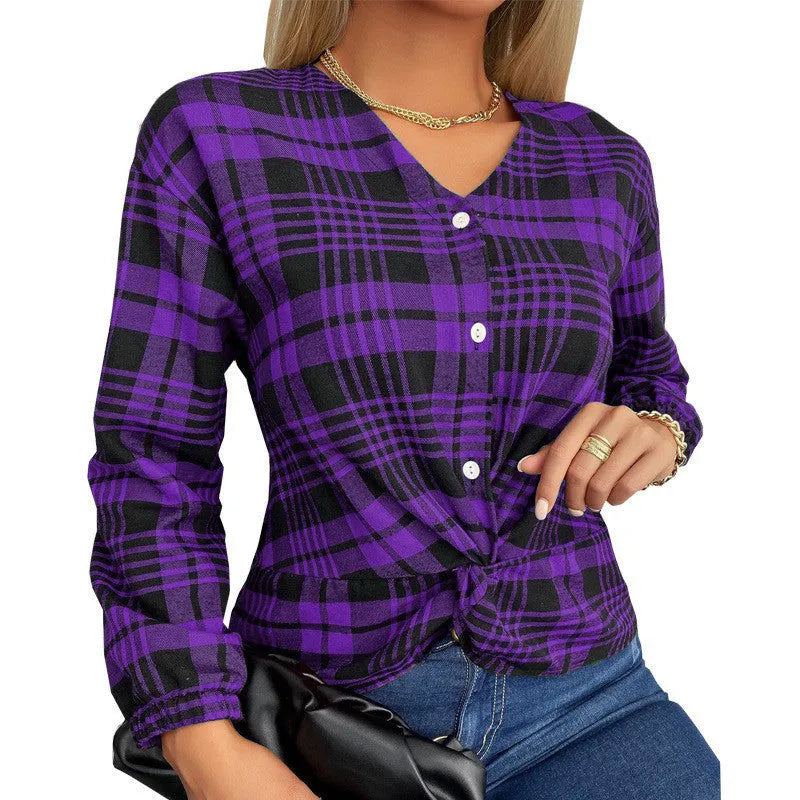 Women's purple plaid polyester shirt with loose casual cut and regular sleeves on hanger
