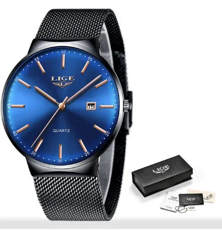 Men's stainless steel wristwatch with 40mm dial, shown in black, blue, and black blue colour options
